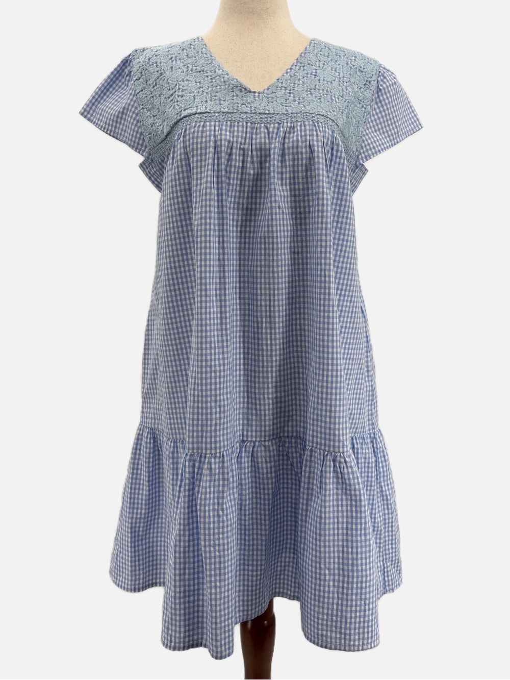 J. Marie Angelina Blue Gingham Embroidered Babydoll Dress Small NEW
